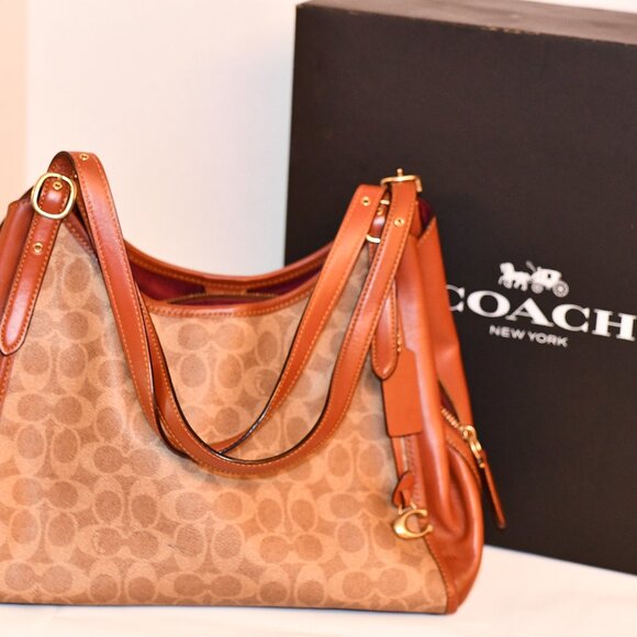 Coach Signature Coated Canvas Lori Shoulder Bag– Tan/Brown – Style C with Box - Picture 1 of 11